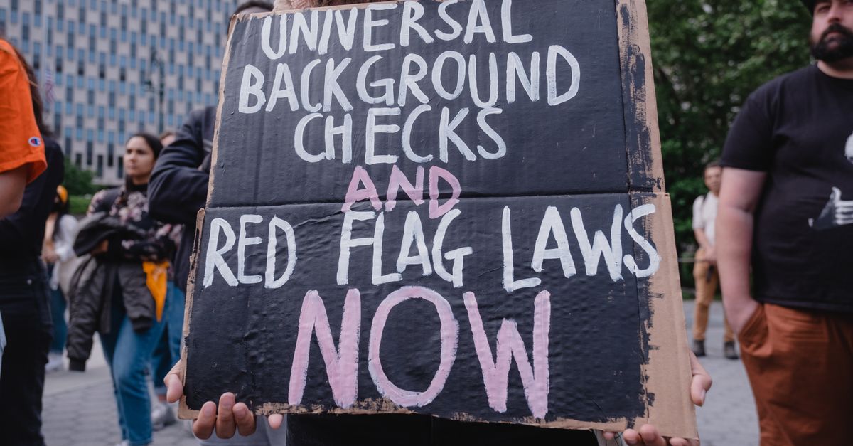 Protesters holding a sign for universal background checks and red flag laws. New York, NY.